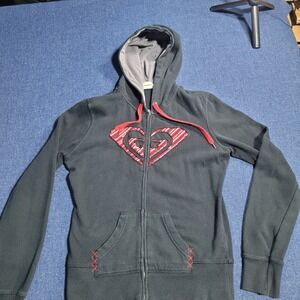 Roxy Black Zip Up Hoodie Heart Logo Red Drawstring Vintage Y2K Girls M